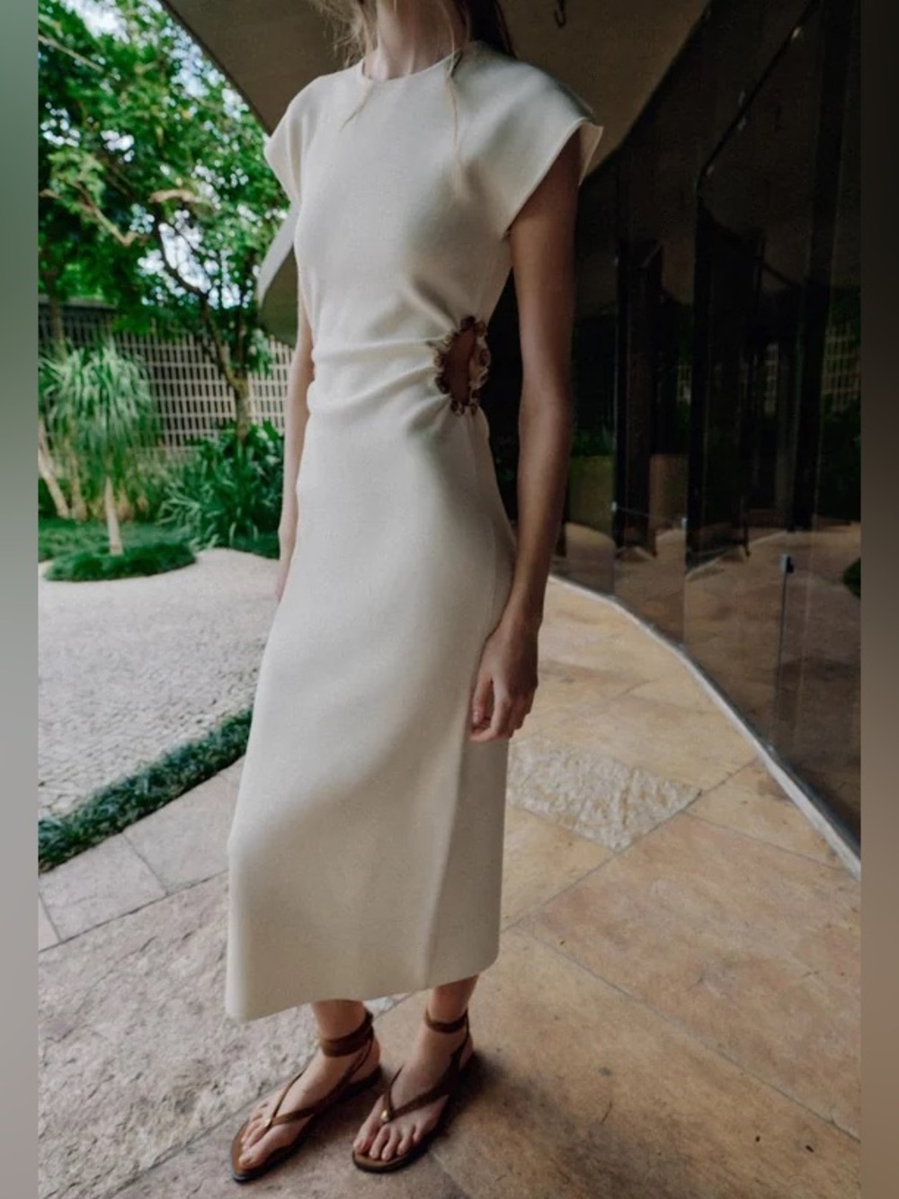 Zara Knitted Midi Dress with Cutouts & Beads Round Neckline Short Sleeves Ecru
